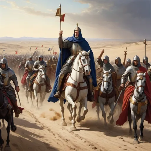 Prompt: Baldwin the IV leading the Crusade across a desert