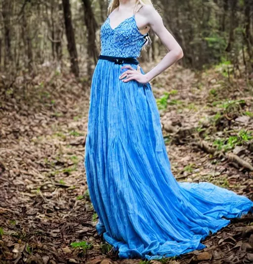 Prompt: a girl with long, flowing blond hair, blue eyes, and pale skin, wearing a long blue dress in the woods, on a path