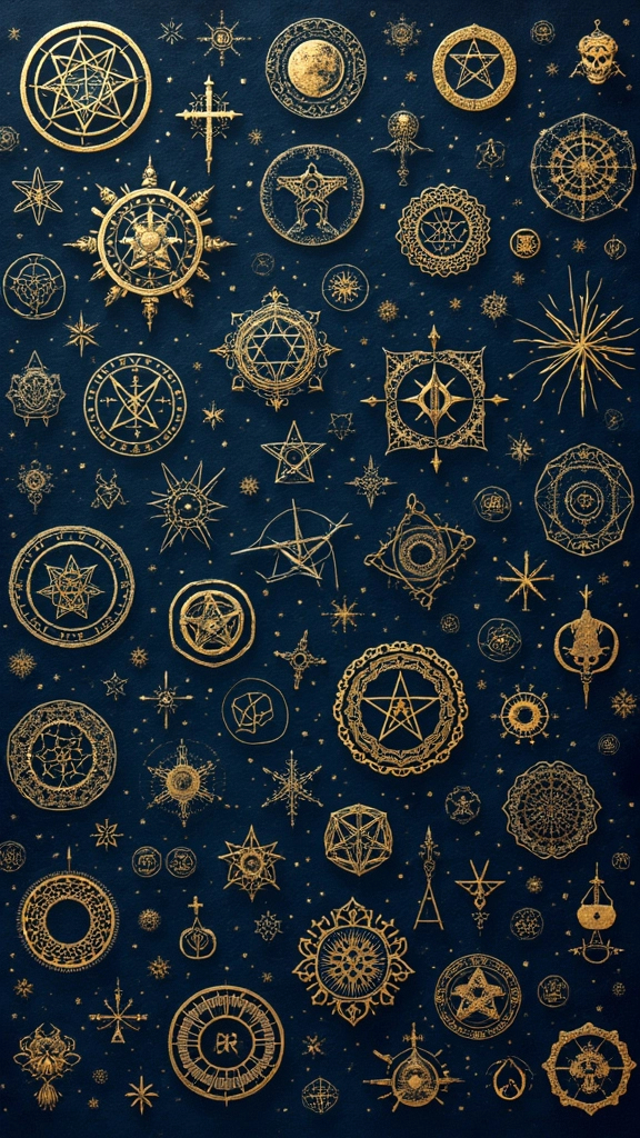 Intricate, random pattern of occult symbols in metal...