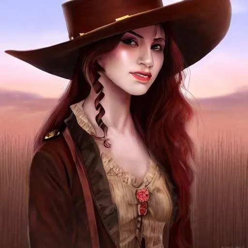 Prompt: Wild West, Beautiful Young Woman, Female Doctor, Colonial, Western, dark red hair, realistic art