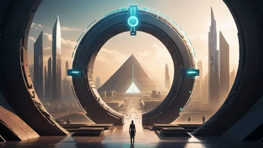 Prompt: circular stargate, gateway between worlds, interdimensional portal, ring, disc, ring standing on edge, city plaza, futuristic cyberpunk, panoramic view, techno pyramids in background