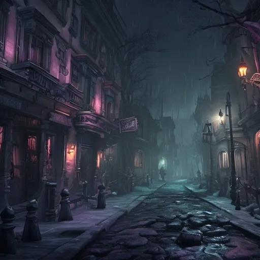 Prompt: a dark haunted street with ghosts, style of Blizzard Entertainment