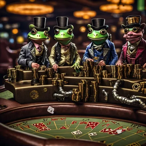 Prompt: Steampunk industrial age frogs playing poker in a casino 8k