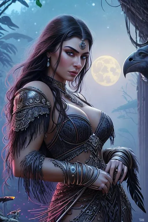 Prompt: Romantic Close-up Photo of Xenia Shelkovskaya, Looking Into the Camera, Muscular Barbarian Seer, Wearing Long Barbaric Robes Adorned with Raven Feathers, Tribal Jewelry, Elegant Slicked-Back Hair, Moonlight, Nighttime, Ancient Jungle Palace, deep cleavage, bokeh, by Artgerm and Jean Baptiste Mongue, intricate hyperdetailed fluid gouache illustration by Android Jones and Glenn Rane, professional photography, maximalist photo illustration, (high detailed skin:1.2), 8k uhd, dslr, soft moon lighting, high quality, Fujifilm XT3