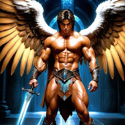 Prompt: a neon colored brilliantly illuminated, fantasy art, Luis Royo, Amy Sol style, intricate, hyper-detailed, strong muscular, attractive male bodybuilder, male warrior character, muscular jawline, angelic face and wings, beautiful, masculine face, full body pose, muscular legs, high resolution, leather armor  detailed images, clear sharp resolution, short hair, barbarian, sword, weapon, great sword full body facing viewer