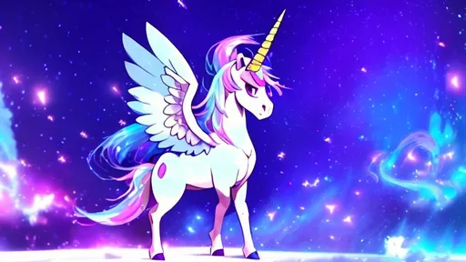 Prompt: Pokemon, Legendary, Unicorn, Aurora, Wings, Sky, Stars, Night, HD, 4k. High Quality, Effects, Glowing, Magical, Surreal.