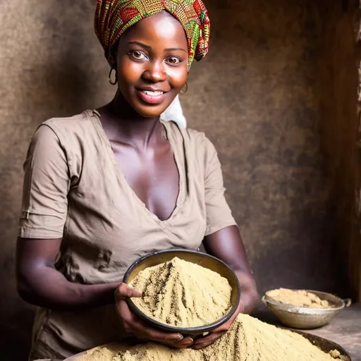 Prompt: Illustration of an African woman with okra powder in her arms.