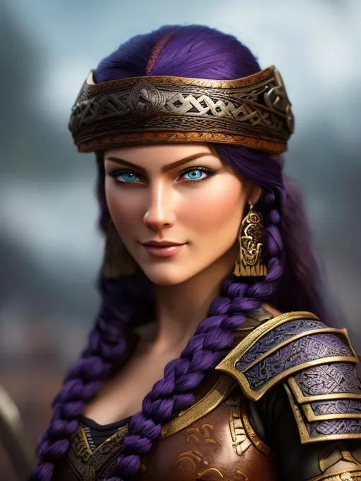 Prompt: highest quality stylized viking woman masterpiece, dark purple hair, award-winning 3d oil painting art, perfect anatomy in perfect composition, long shot, hyper-realistic photography, intricate, 64k, UHD, HDR, (intricate light blue eyes), subtle smile, highly detailed face, hyper-realistic facial features, cinematic 3d volumetric, dramatic lighting with backlit backlight, by Julia Razumova