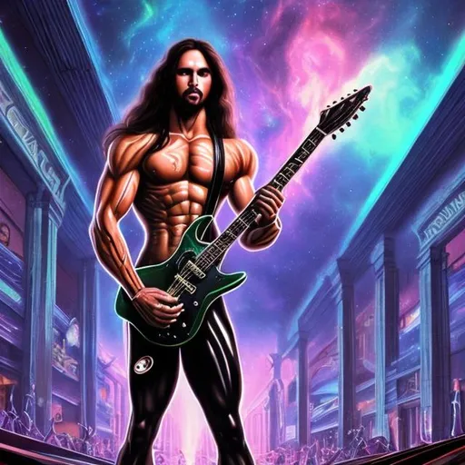 Prompt: Bodybuilding Styxhexenhammer666, playing guitar for tips in a busy alien mall, widescreen, infinity vanishing point, galaxy background
