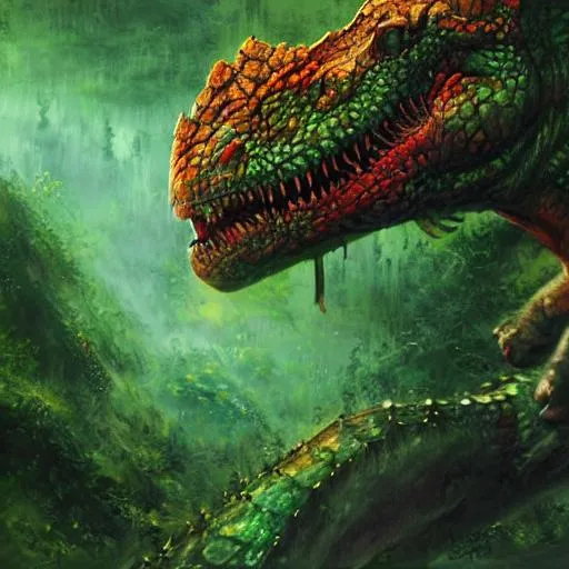 Prompt: Green and red dinosaur, fantasy artwork, studio lighting, award winning, Sidharth Chaturvedi, art station, very very very beautiful, hyper detailed, forest setting 