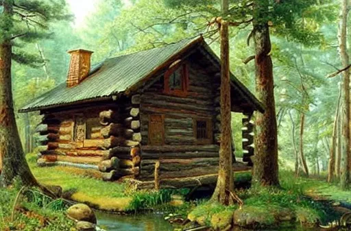 Prompt: Log cabin in woods by ivan shishkin, stream
