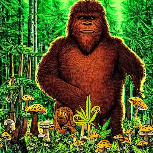 Prompt: Bigfoot surrounded by mushrooms, marijuana plants and redwood trees in a psychedelic style 