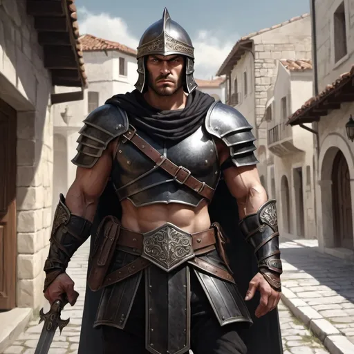 Prompt: Full body, Fantasy illustration of a male mercenary, 34 years old, muscles, oliv skin, cuirass and black cape, morion helmet, aggressive expression, high quality, rpg-fantasy, detailed, greek town background