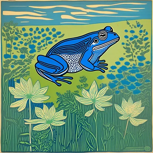 Prompt: A blue FROG sitting in a field of weed farm and small green buds blowing through the wind, pastel colors , andy warhol , woodblock print by Hokusai