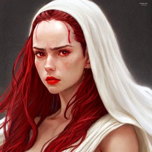 Prompt: rey from star wars {female character}, back to audience, longshot, flowing hair + flowing white robes + intense red glow , {{back to camera}}, hyperrealistic, dark fantasy, soft light, concept art, zoom in, over shoulder, luis royo, red lips, sultry