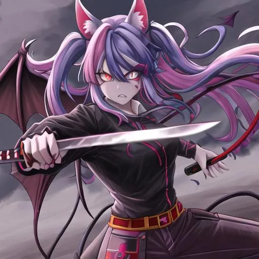 Prompt: Haley  as a demon (multi-color hair) (multi-color eyes)(she has horse ears) holding a katana, fighting, in a gunfight, bullets flying, fighting in a rural area, angry, demon tail, demon wings