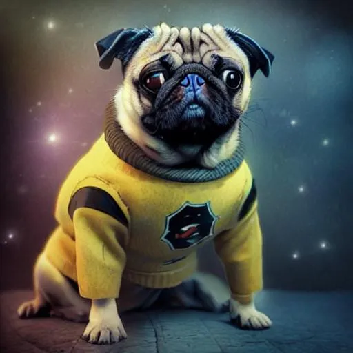 Prompt: Retro comic style artwork, highly detailed super pug, realistic cute dog face, comic book cover, symmetrical, vibrant fractals 