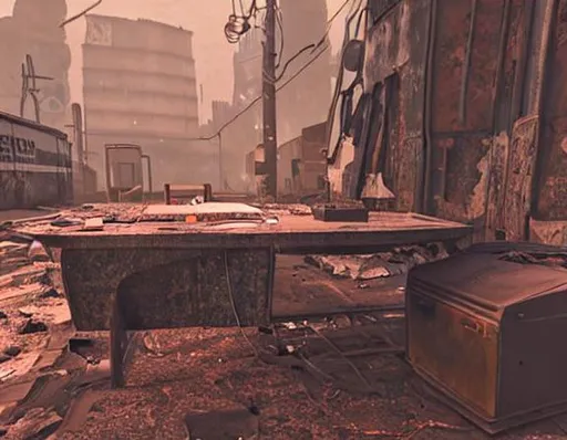 Prompt: Highly detailed gritty grainy landscape style, 3d render of Fallout 4 retro futuristic style, large imposing desk, on a dirty broken neglected street, an old broken down Chryslus Rocket 69 and some trash