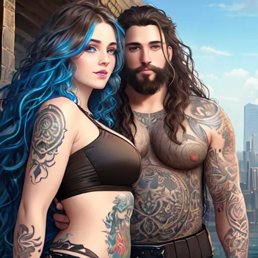 Prompt: fantasy oil painting ((heavyweight man and heavyweight woman couple who are so in love)), (((long brown wavy hair for man))), (((long blue wavy hair for woman))), (((woman's eyes are brown))), (((man's eyes are green))), (((woman has pale skin and round face))), {man has round face and scruffy beard}, tattoos, cyberpunk surreal, Disney, pixar, ((rainbow)), cosmos, space, bubbles, illustration, neon, high detail, intricate, elegant, by Jeremy Mann, artgerm, Rutkowski, and other illustrators, intricate details, face, full body portrait, headshot, illustration, UHD, 4K