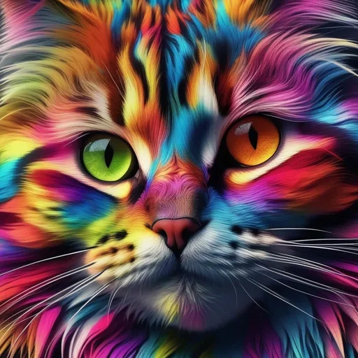 Prompt: Vibrant colourful cat, portrait, glaring, psychedelic colors, realistic, hyper detailed, highly detailed fur, 8k, full body, UHD, best quality, high quality, highly detailed, detailed background, artstation, vivid colors, bright colors, intricate facial detail