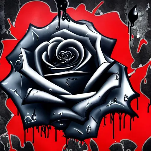 Prompt: A black and white rose that is dripping red blood on a navy blue background that is graffiti style