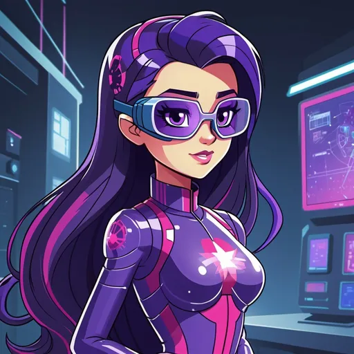 Prompt: cyberpunk equestria girls twilight sparkle wearing goggles and a high-tech bodysuit