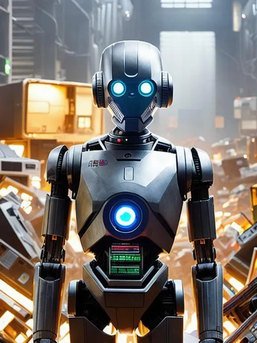Prompt: A humanoid droid with features resembling a rounded metal skeleton and white glowing eyes and a smooth sided head, standing in front of heaping piles of discarded computers and electronic parts