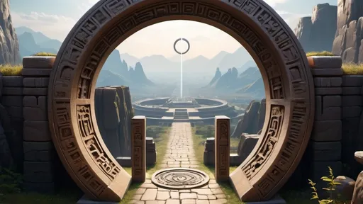 Prompt: circular portal, gateway between cities realms worlds kingdoms, ring standing on edge, freestanding ring, hieroglyphs on ring, complete ring, panoramic view