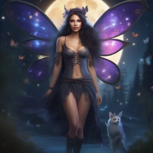 Prompt: hyper realistic, beautiful, full body view of a , buxom woman,  a fairy witch, in a skimpy outfit on a breathtaking night with flying fairies around.