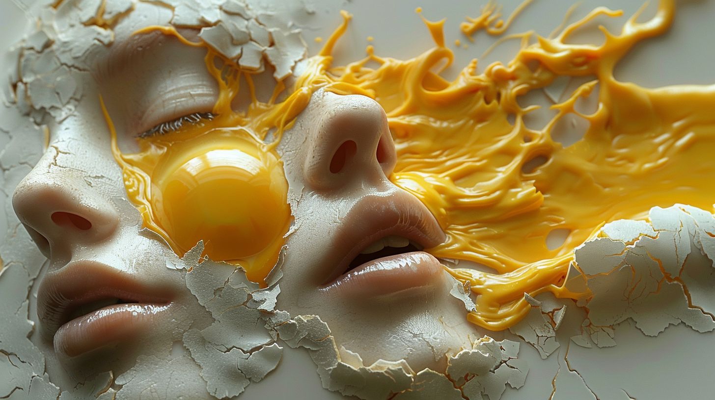 Prompt: minimalistic surreal organic 3d cracked egg liquid pouring out forming a human face on a plain white surface