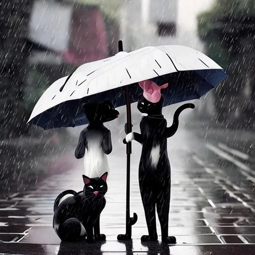 Prompt: White and black cats in the rain with umbrellas