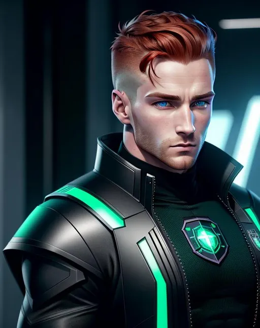 Prompt: perfect composition, {30 year old}, lean {irish man}, wearing futuristic {black tech shirt and future tech noble's coat}, {coat of arms on clothes}, {buzz cut redhead}, {green eyes}, extra masculine, peak fitness, determined expression, looking at viewer, 8k eyes, detailed face, wlop, stanley artgerm lau, artstation, hd, octane render, hyperrealism intricate details, 8k, cinematic volumetric light, proportional, art trending on artstation, sharp focus, studio photo, intricate details, highly detailed, intricate artwork masterpiece, ominous, intricate, epic, trending on artstation, highly detailed, vibrant, production cinematic character render, ultra high quality model, 