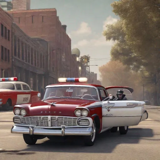 Prompt: 1958 Plymouth Fury being chased by a police 1955 Ford Fairlane. High detail, 4k