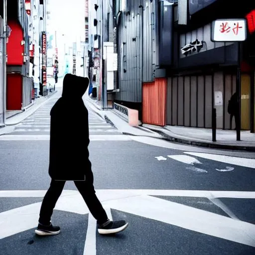 Prompt: Man in a hoodie walking down Tokyo but you can’t see his face