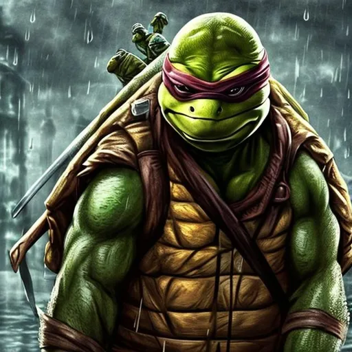 Prompt: Lone teenage mutant Ninja turtle in the rain