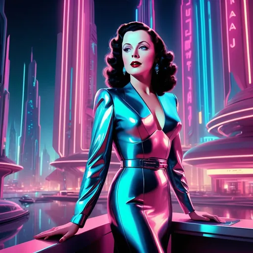 Prompt: photorealistic, (futuristic sci-fi style), (Hedy Lamarr), sleek metallic structures, neon lighting, dynamic and innovative architecture, high-tech gadgets, vibrant colors, luminous cityscape in the background, ambient glow, cinematic depth, ultra-detailed, cutting-edge design, visual storytelling, captivating atmosphere, a blend of retro and modern elements.