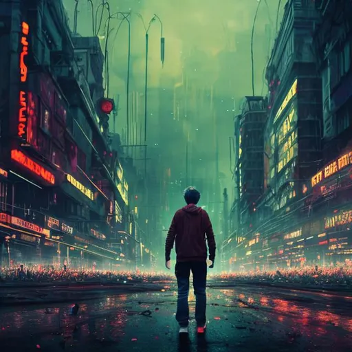 Prompt: A protagonist in his Colorful painted shown in a Disturbing daily life scene, in the middle, floated lights, eyes closed, in a big human crowd, cinematic city with a industrial touch, dramatic sky, big scene, realistic, 4k resolution, 35mm lens, a bit dreamy, details
