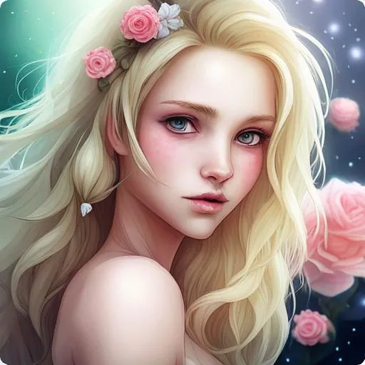 Prompt: fairy , ethereal beauty, blonde, dreamscape, pink roses, facial closeup