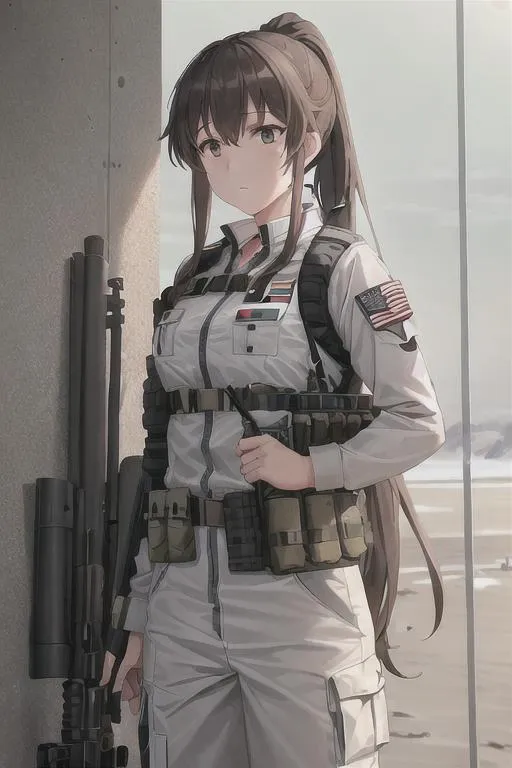 Prompt: 1woman, adult, white combat uniform, ((special forces equipment)), modern soldier, cliff in alaska, (dark brown hair), ((long hair)), (very long ponytail), key visual, cinematic, panoramic, military vest and belts, [few magazine pouch], (heavy armor), navy seals, UHD, UHR, HDR, cold grading, hyperdetailed face, hyperdetailed scenery, (masterpiece, best quality, ultra-detailed, best shadow), (best illumination, an extremely delicate and beautiful), (eyes looking at camera), arms down, 8k res, 4k, illustration, slender body, tall body