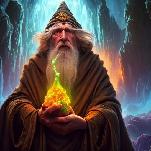 Prompt: very wise wizard offers you a mana potion dark cinematic hyper realistic in the style of boris vallejo