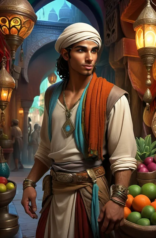 Prompt: thief of Bagdad, (young Arabian man), adventurous expression, vibrant color scheme, RPG fantasy game style, dynamic pose, rich detailed background, lush market scene with exotic goods, dramatic lighting, high depth, ultra-detailed, magical ambiance, enchanting atmosphere, whispers of mystery, captivating design elements, expressive facial features, intricate clothing and accessories.