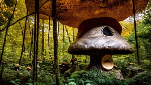 Prompt: The mushroom house sits in the middle of a forest