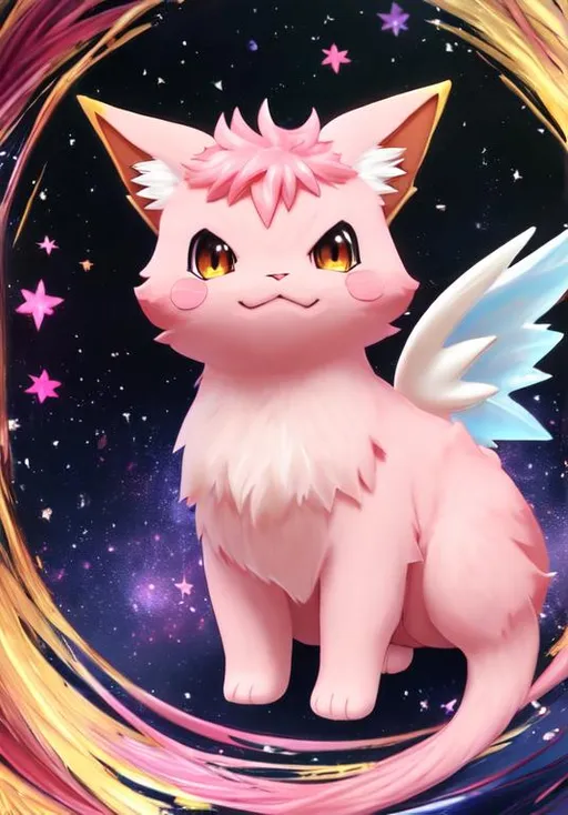 Prompt: UHD, , 8k,  oil painting, Anime,  Very detailed, zoomed out view of character, HD, High Quality, Anime, , Pokemon, Clefable is a tall pink Pokémon with a vaguely star-shaped body. It has long, pointed ears with dark brown tips and black, oval eyes with wrinkles on either side. A curled lock of fur hangs over its forehead, much like its long, tightly curled tail. On its back is a pair of dark pink wings; each wing has three points. Its hands have three fingers each, and its feet have two clawed toes and dark pink soles.

Clefable is a timid, nocturnal creature that flees when it senses people approaching and is one of the world's rarest Pokémon. Its sensitive ears can distinctly hear a pin drop from half a mile away. Because of its acute hearing, it prefers to live in quiet, mountainous areas of which it is protective. It has also been seen at deserted lakes during a full moon. Using a bouncy gait, it is able to walk on water and sometimes appears to be flying using its small wings. The anime has shown that Clefable is actually an extraterrestrial Pokémon. According to one tradition, seeing a pair of Clefable ensure a happy marriage. Some scientists believe that Clefable stares intently at the moon because it is homesick. There is a legend to this as well, which tells of how it listens for the voices of its kin on the moon during clear and quiet nights.
Pokémon by Frank Frazetta