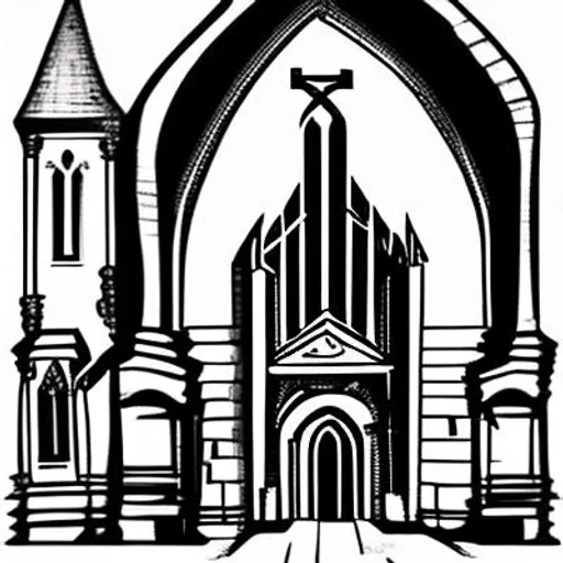 Prompt: design, church, church design, architecture, catholic, god, city skyline, old town, sketchy, cartoon style, happy life, moon, coloring page