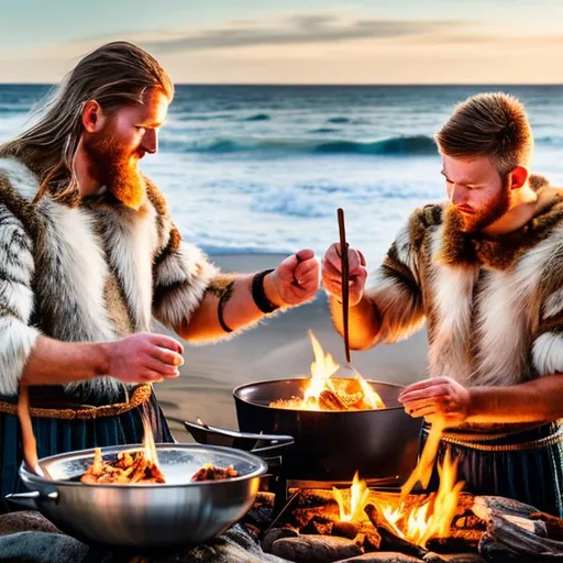 Prompt: Two Viking warriors, clad in fur-lined armor, carefully prepare a meal over an open fire on the sandy seashore. The midday sun casts a warm glow, illuminating their rugged features and emphasizing their strength and determination. The serene ocean waves create a soothing soundtrack as they engage in this ancient culinary tradition. This still image, captured in stunning detail through photography, perfectly captures the juxtaposition of fierce warriors finding solace in the simplicity of cooking by the sea.