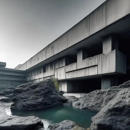 Prompt: a building on the edge of a waterfall, brutalist architecture