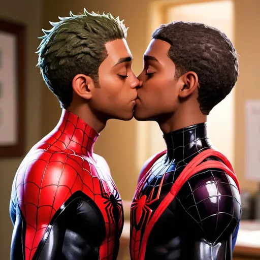 Prompt: Gay Beastboy and Miles morales passionate kiss