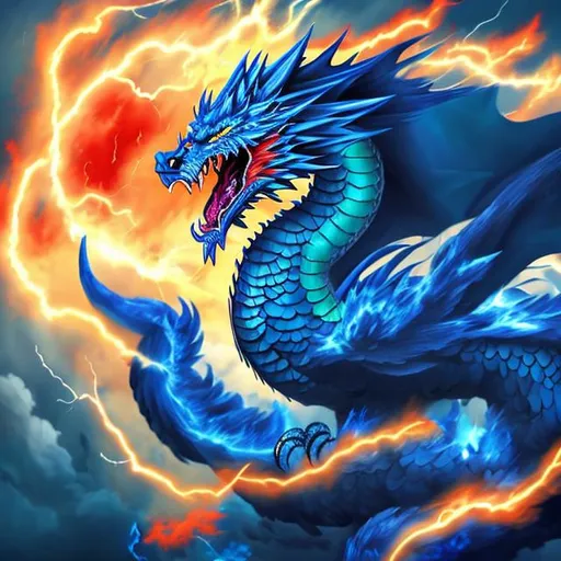 Prompt: a flag with a blue dragon surrounded by lightning, the blue dragon is on the flag, fantasy art style