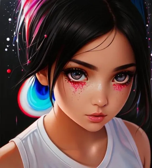 Prompt: dark hair girl, white running shirt, 
youthful beauty: macro, pop surrealism, particle, pop culture, traditional art techniques, surreal, ultra detail, airbrush art, cgi rendering, oil painting, heavy stroke, paint dripping, film, studio light, detailed skin, surreal, bokeh, sharp features, acrylic painting, palette knife and brushstrokes