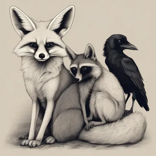 Prompt: a fennec fox, a raccoon and a crow all sat together 